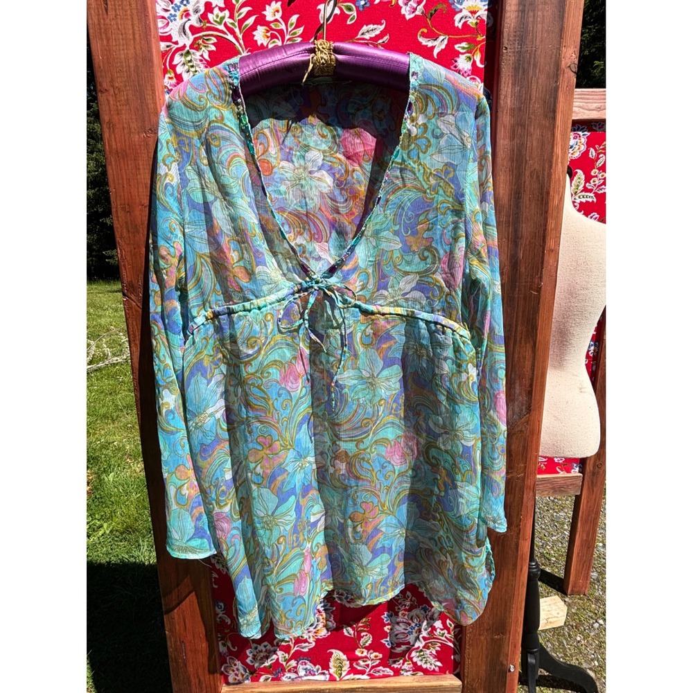Turquoise Flare Sleeve Sheer Psychedelic Pastel Jeweled Babydoll Blouse - Picture 12 of 15